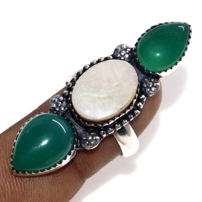 925 镀银令人惊叹的珍珠母绿玛瑙长戒指 美国 7.5 GW — 第 1/3 张图片