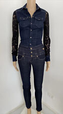 Liu Jo Size 24 / 6 Blue Stretch Denim Fitted Jumpsuit Contrast Lace Sleeves