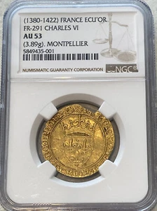 GOLD COIN FRANCE ECU’OR 1380-1422 NGC AU53 FR-291 CHARLES VI MONTPELLIER 3.89g - Picture 1 of 4