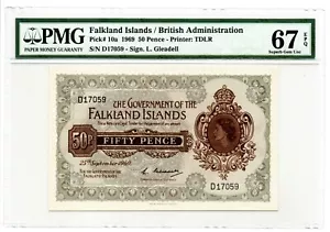Falkland Islands: 50 Pence 25.9.1969 Pick 10a. PMG Superb Gem Unc 67 EPQ - Picture 1 of 2
