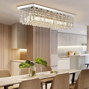 Modern Rectangle Chandelier Linear Crystal Pendant Hanging Ceiling Light Fixture - Picture 1 of 41