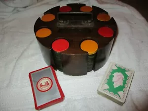Antique Bakelite Poker Chip Holder Caddy w/200 Marbled Chips and 2 Deck of Cards - Picture 1 of 6