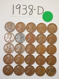 1938-D CENT ROLL SOLID DATE = 25 LINCOLN WHEAT PENNIES (8+ ITEMS SHIP FOR FREE) - Picture 1 of 2
