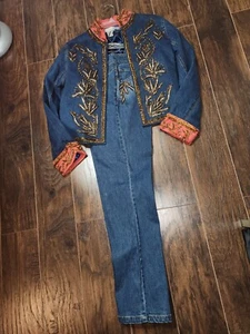 Lew Magram Embroidered Beaded Dark Denim Blazer & Denim Pants Set - Picture 1 of 12