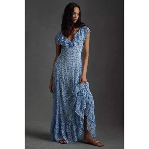 Neu mit Etikett Anthropologie Sachin Babi Ivy Chiffon-Maxikleid mit Rüschenausschnitt 12 blau Damen - Bild 1 von 17