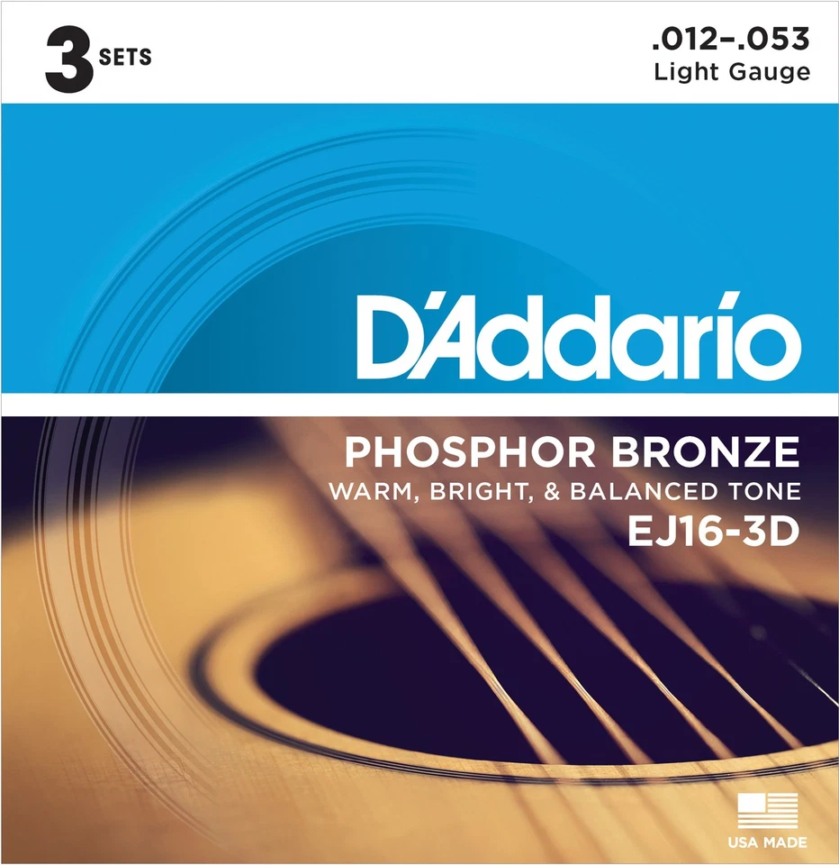 D'Addario EJ16-3D Phosphor Bronze Light Acoustic Guitar Strings 3-Pack