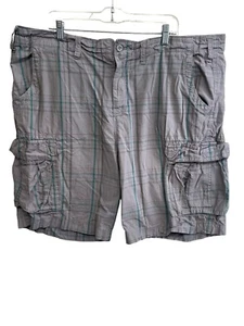 Foundry Cargo Shorts Mens 46 Casual Cotton 10 inch Inseam Gray Green Plaid - Picture 1 of 11