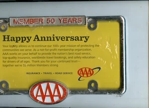 NOS AAA 50 Years Happy Anniversary Member Metal Car Vehicle License Plate Frame - Picture 1 of 5