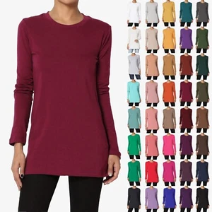 TheMogan S~3X Round Crew Neck Long Sleeve T-Shirt Stretch Cotton Slim Fit Top - Picture 1 of 116