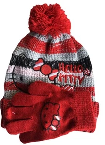 Hello Kitty Gestrickt Bommel Mütze und Handschuhe 3 - 6 Jahre Red / Grau/Schwarz - Bild 1 von 1
