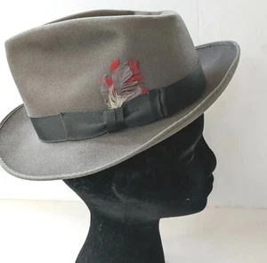 Vintage Women's Ashley Hat 100% Wool Ribbon Gray Bowler Sz 7 Feather Western - Picture 1 of 7