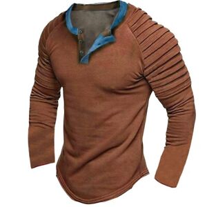 Mens Long Sleeve Shirt Versatile Pleated Slim Fit Casual Tactical Henley Shirts