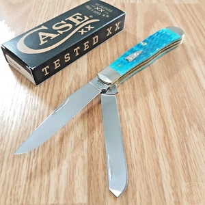 Case XX Trapper Pocket Knife Tru-Sharp Steel Blades Sky Blue Jig Bone Handle - Picture 1 of 15