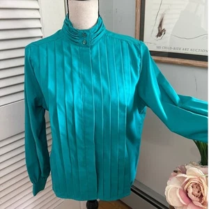 Blusa vintage RHODA LEE 10 azul verdoso plisada cuello alto retro secretaria - Imagen 1 de 12