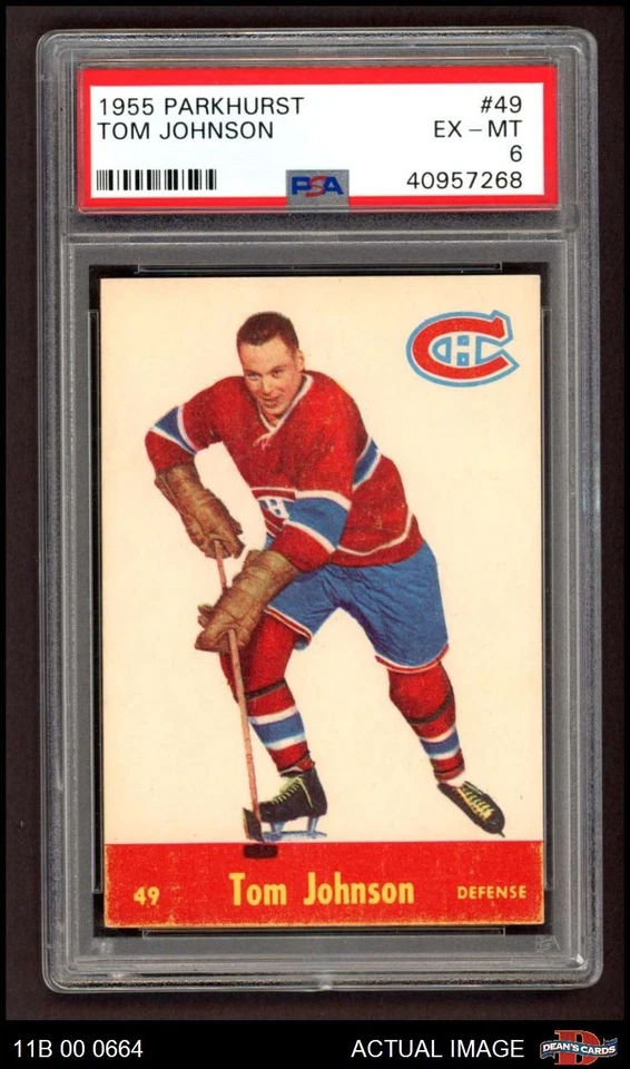 Parkhurst #49 1955 Tom Johnson Canadiens Salón de la fama PSA 6 - EX/COMO NUEVO Foto 1 de 1