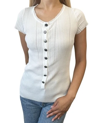 Camiseta Top CHANEL Vintage 08P Marca CC Logo Punto Acanalado #38 Blanco Gris Algodón Foto 1 de 4