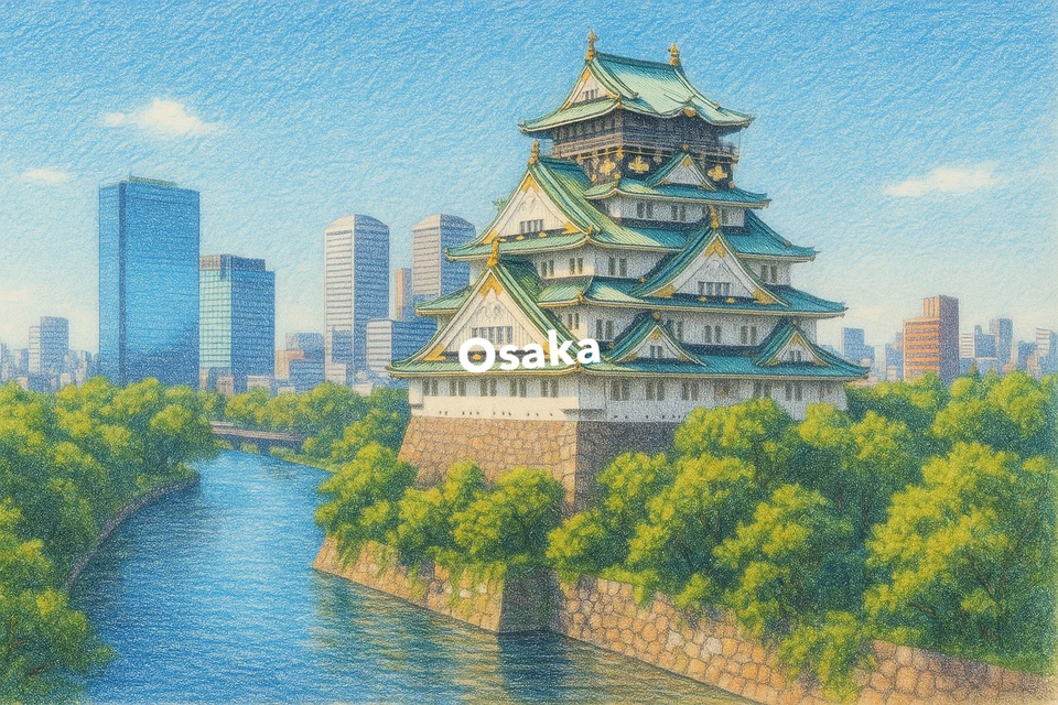 Arte a lápiz de colores de Osaka (imagen generada por IA) Foto 1 de 1