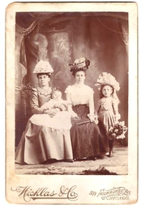 TWO WOMEN, TWO DAUGHTERS, AND THREE WILD HATS : CHICAGO, ILLINOIS : CABINET CARD - Picture 1 of 3