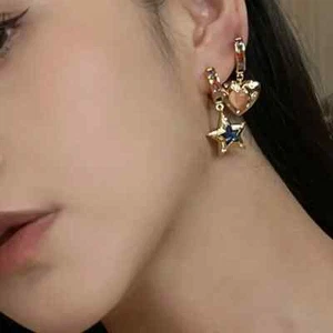 18K Gold Plated Multicolour 5 Point Star And A Heart Hoop Lever Back Earrings - Picture 1 of 6