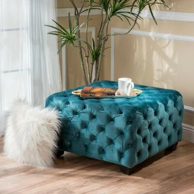 Provence Modern Glam Button Tufted Diamond Stitch Velvet Square Ottoman - Image 1 of 4