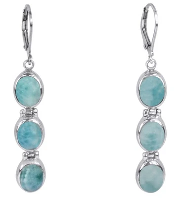 Pendientes colgantes de plata esterlina Larimar con cierre de palanca para mujer 3 piedras gota azul natural Foto 1 de 3