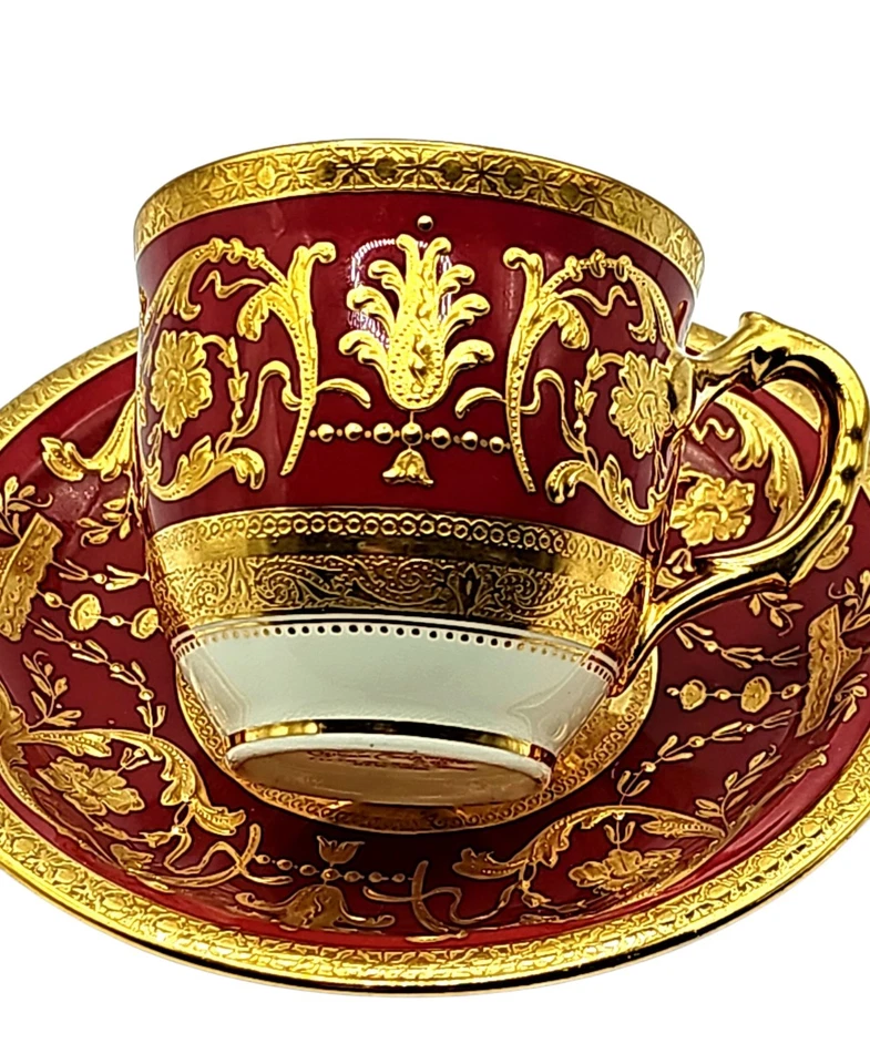 Antigua taza y platillo Demitasse Minton England carmesí oro rojo incrustado perfecto Foto 1 de 4