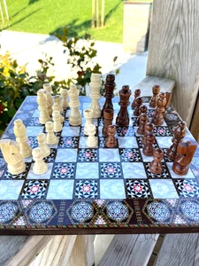 Handmade Wooden Luxury Chess Set Mother-of-Pearl Inlay Collectible - Picture 1 of 9