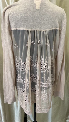 Chico's Lace Back Cardigan Sz 2 Boho Romantic Sweater Soft Pink Cotton Blend - Image 1 of 4