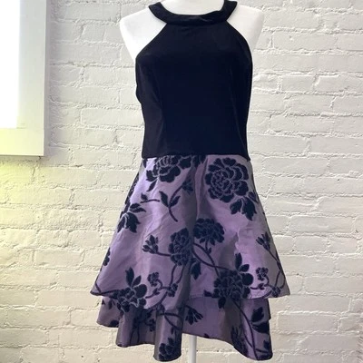 B Darlin Dress Black Velvet Purple Flocked Fit Flare Mini 15/16 Strappy Back - Image 1 of 4