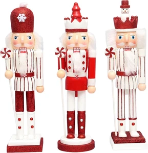 Schiaccianoci Di Natale in Legno Rosso E Bianco, 38 Cm, Set Da 3 Pezzi, Statuett - Foto 1 di 12