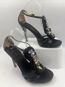 Schwarze Stilettos von Nine West. Strasssteine. Rüschen. T-Bar Gurt. Atemberaubend! Größe UK6 - Bild 1 von 19