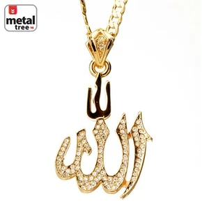 Men's CZ Gold Silver Toned 3D ALLAH Pendant 24" Cuban Chain Necklace KC 8500 - Picture 1 of 8