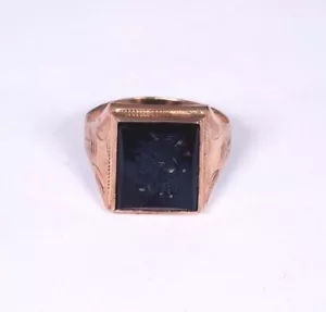 10k Yellow Gold Men's Black Onyx Intaglio Roman Soldier Ring, Size 8.75 - Picture 1 of 5
