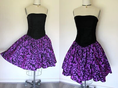 Vestido Vintage Años 80 Negro TERCIOPELO Flocado PÚRPURA Tafetán Puff FIESTA HALLOWEEN s/m Foto 1 de 4