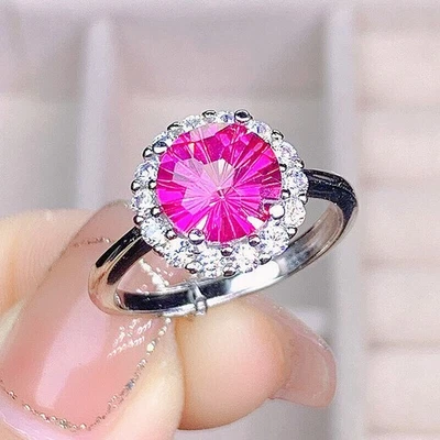 New Flower Cut Charm Purple Pink Topaz Gemstone Women Silver Ring Adjustable - Image 1 of 4
