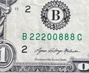 2021 $1 Dollar Bill #22200888 ( 2 Triples and a Pair ) Very Cool Numbers - Picture 1 of 3