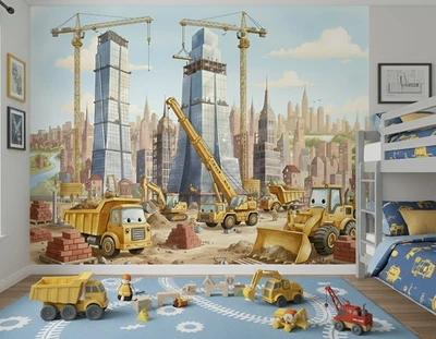Kinder Tapete Baustelle – Baustellenfahrzeuge & Kräne – Fototapete auf Vlies - Bild 1 von 4