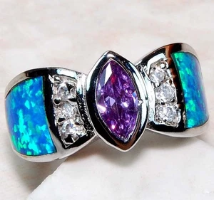 1CT Amethyst & Australian Opal Inlay 925 Solid Sterling Silver Ring Sz 7 AB4 - Picture 1 of 2