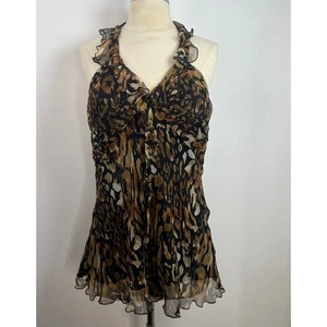 Spenser Jeremy Vintage Halter Top Silk Ruffle Animal Print Open Back Y2K Size L - Picture 1 of 13