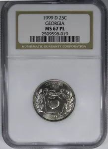 1999-D NGC MS67PL PROOFLIKE GEORGIA 25C ~ POP 2/0 FINEST AFTER 25 YEARS! - Picture 1 of 5