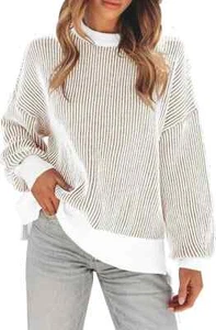 Women's Striped Knit Pullover - Oversized Long Sleeve Colorblock Top - Picture 1 of 6