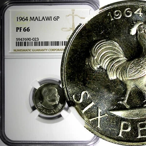 Malawi PROOF 1964 6 Pence NGC PF66 Mintage-10,000 Rooster TOP GRADED KM# 1 (023) - Picture 1 of 4