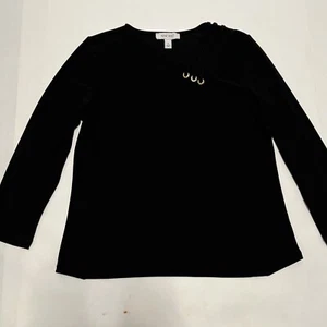 Nine West Women’s Black Fitted Stretchy Top V-Neck Gold Grommets Black Size S - Picture 1 of 11