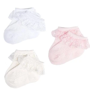 3 Pairs Baby-Girls Toddlers Eyelet Frilly Lace Socks Cotton Rich Princess Ank... - Picture 1 of 8