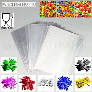 CLEAR CELLOPHANE BAGS SMALL LARGE FOOD CELLO PLASTIC GIFT SWEETS WITH TWIST TIES - Picture 1 of 45