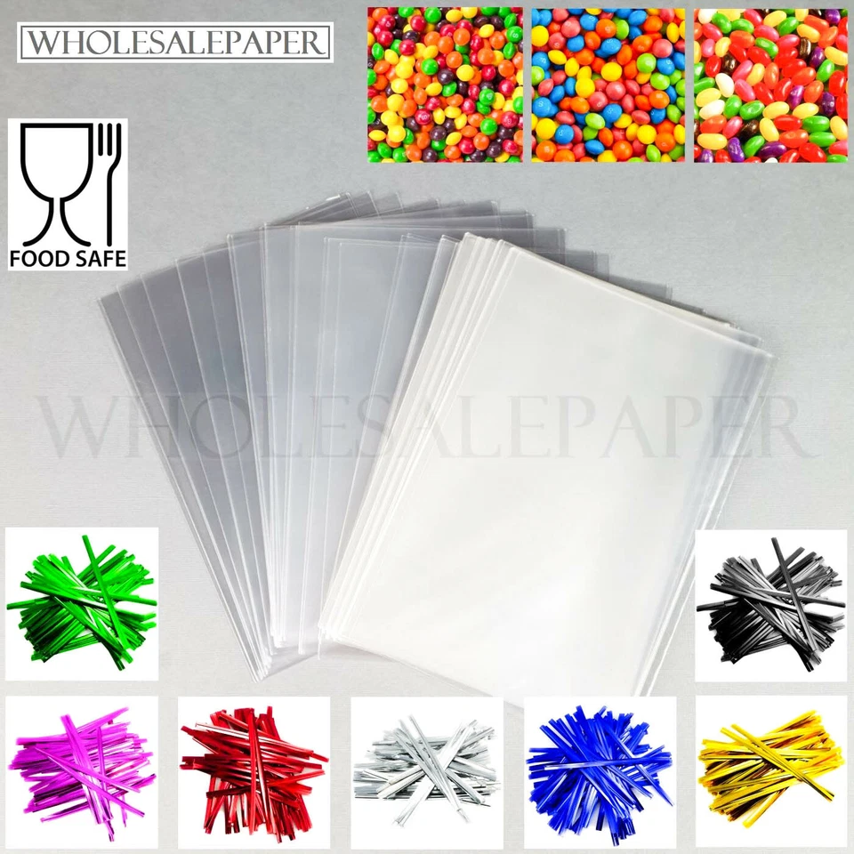 CLEAR CELLOPHANE BAGS SMALL LARGE FOOD CELLO PLASTIC GIFT SWEETS WITH TWIST TIES