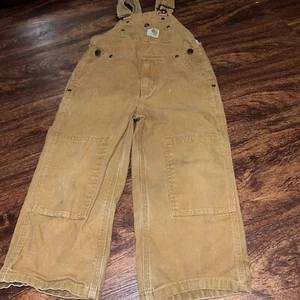 Carhartt Overalls Boys 4T Brown Canvas Double Knee Work Youth Bibs - Picture 1 of 10