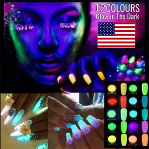 12Colors Phosphor Nail Glow in the Dark Neon Powder Luminous Pigment Fluorescent - Picture 1 of 12
