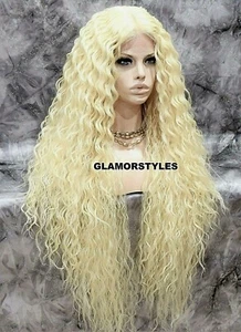 45" LACE FRONT FULL WIG EXTRA LONG CURLY LAYERED MIDDLE PART BLEACH BLONDE #613 - Picture 1 of 6