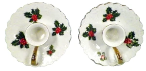 2 Lefton Candlesticks Holders Boughs of Holly Christmas Porcelain Vintage #7945 - Picture 1 of 4